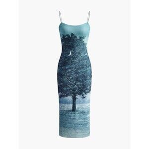 Zara Rene Magritte Tree Print Tulle Midi Dress Blue- Size Small